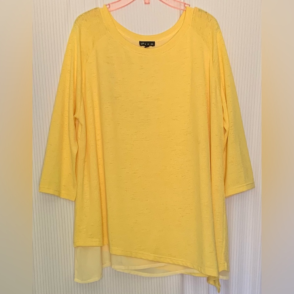 Plum Lightweight Yellow Sweater Top Asymmetrical Hem Lined 3/4 Sleeve XL